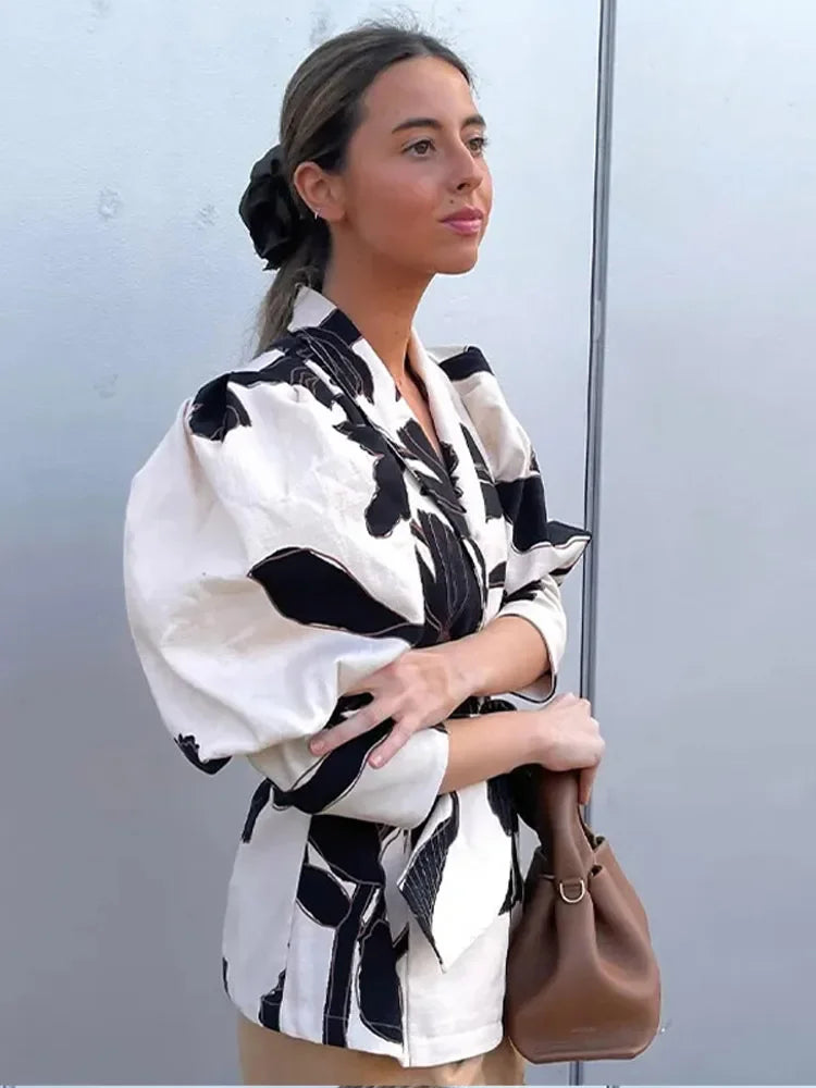 Fashion Flower Print Belt Women Shirts Spring Summer Elegant Slim Lapel Puff Sleeve Blouses Vintage Lady Office Streetwear white