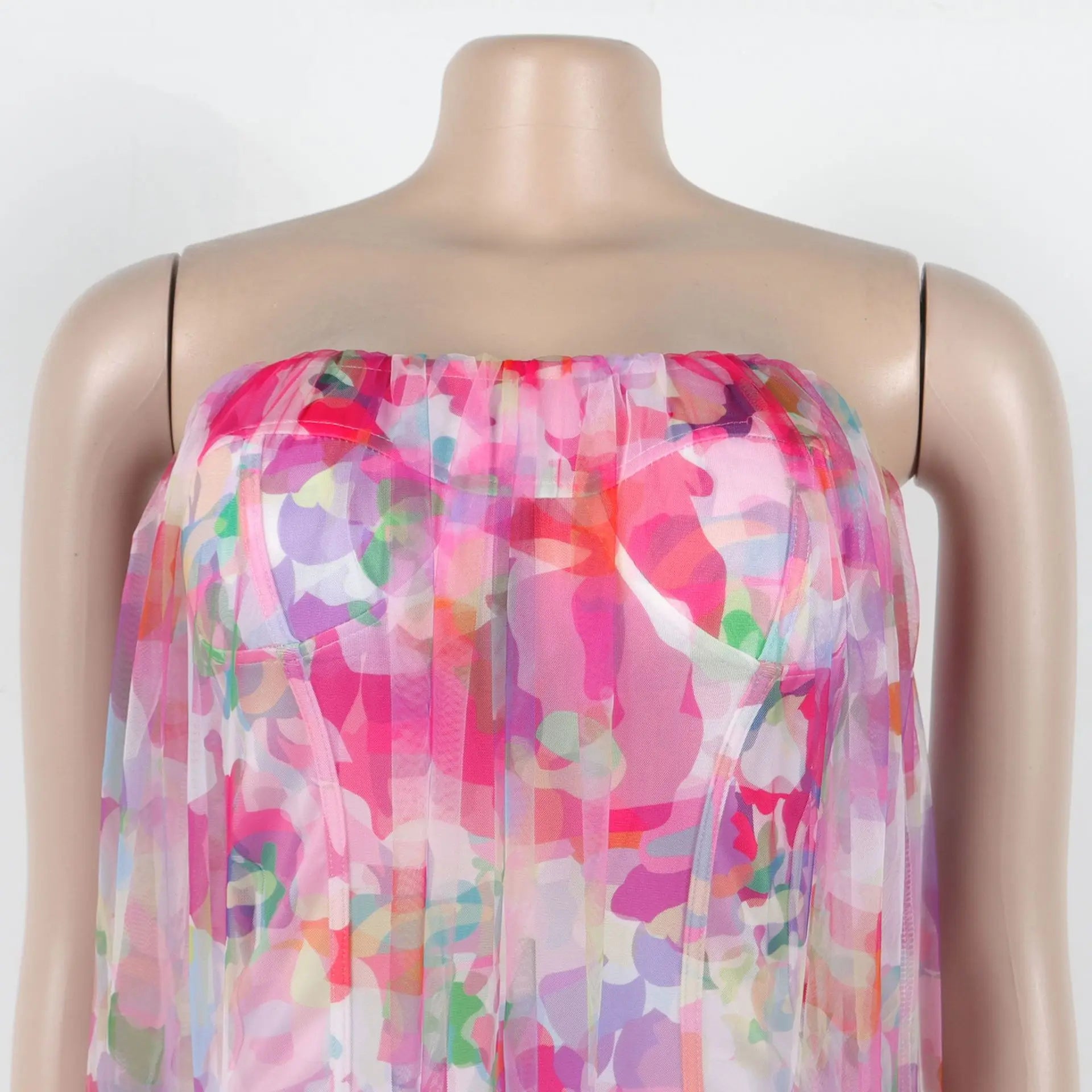 Women Sleeveless Tie Dye Print Strapless Mesh Bodycon Midi Long Maxi Dress 2025 Birthday Club Party Vestido Sexy Dresses