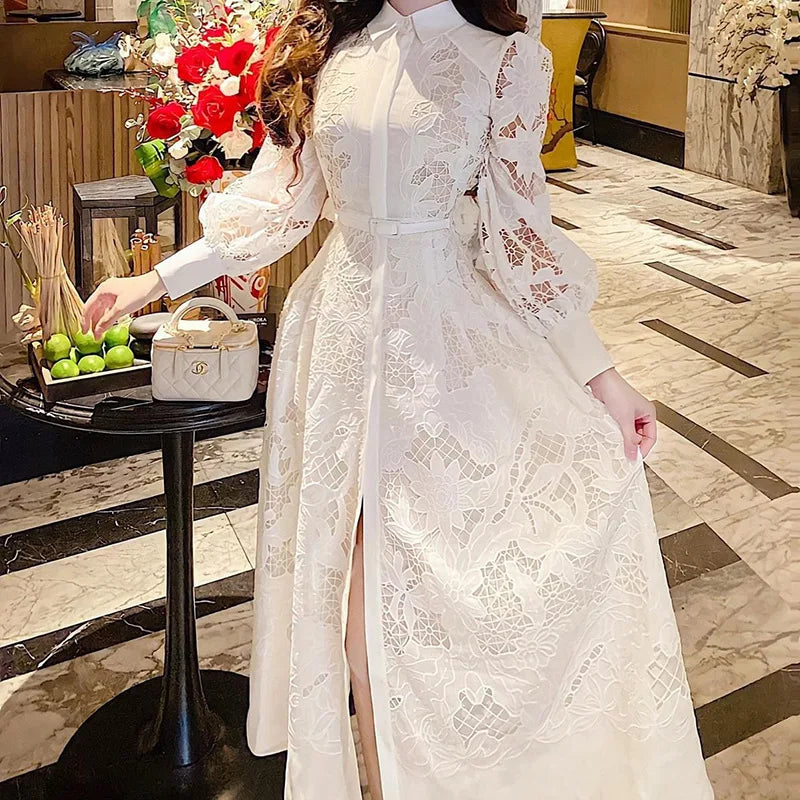 New Luxury Women Lace Embroidery Dress Spring Summer Long Sleeve White Wedding Evening Party Hollow Out Vestido Dresses