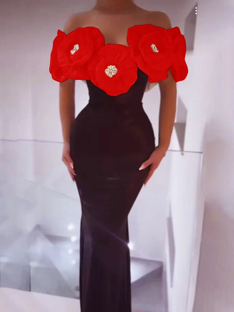 Women Celebrity Sexy Off Shoulder Flower Diamonds Black Maxi Long Bodycon Bandage Dress Elegant Evening Club Party Dress Red