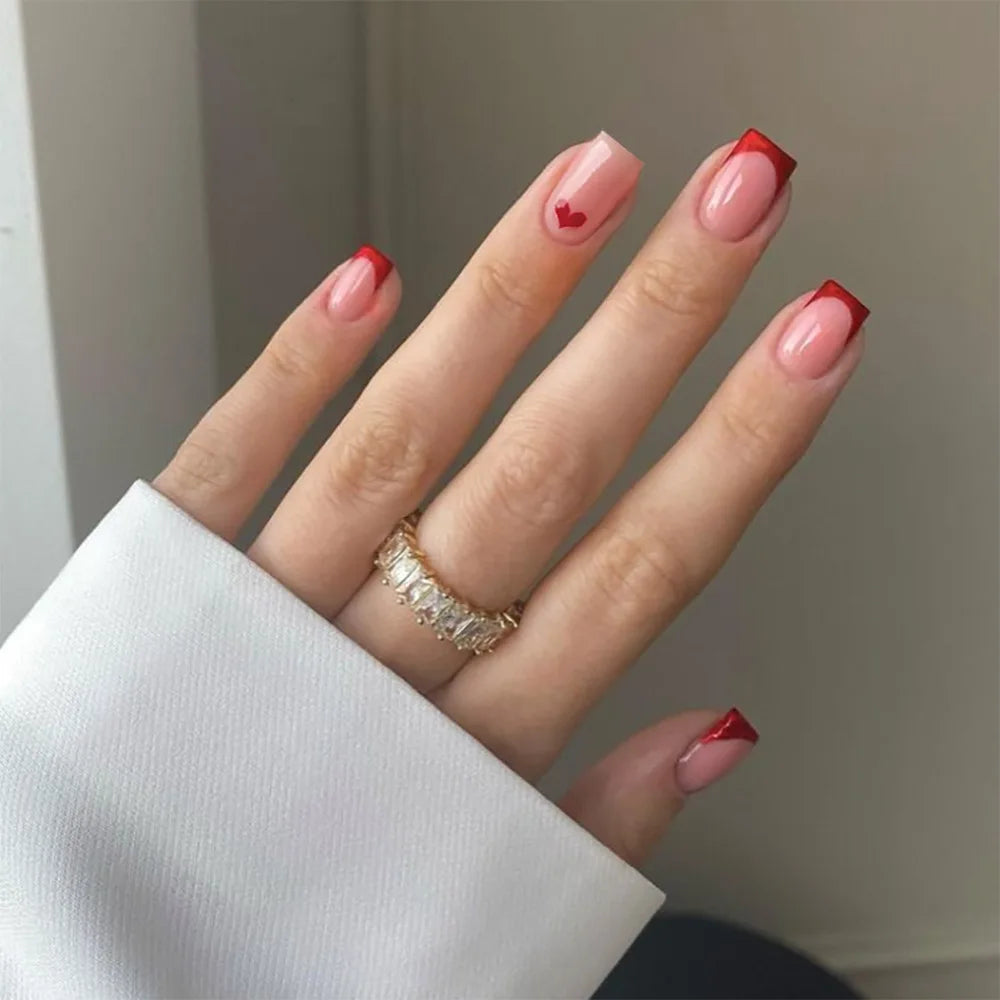 24pcs/set short Medium fake nails square ballet almond nail tips pink beautiful heart for Valentine's Day press on false nails 1035