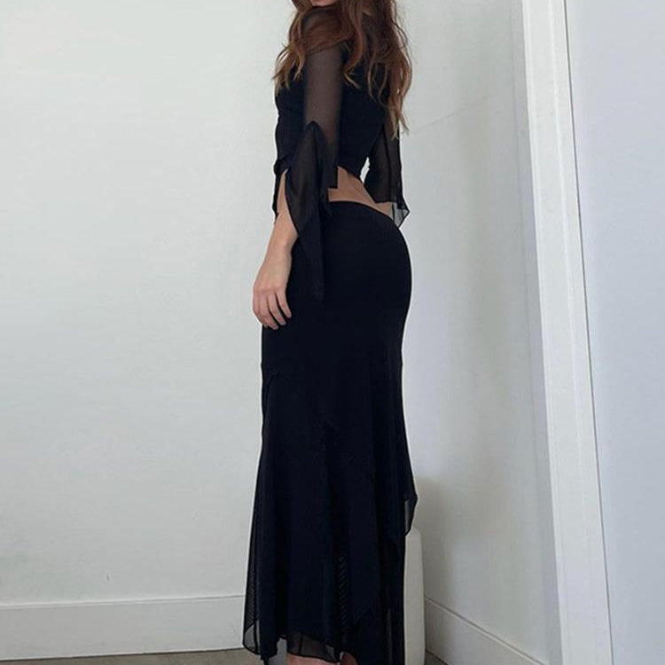 Tawnie Y2K Mesh Skirt 2 Pieces Sets Women 2024 Summer Casual V Neck Long Sleeve Crop Top Bodycon Maxi Skirt Matching Sets Outfit