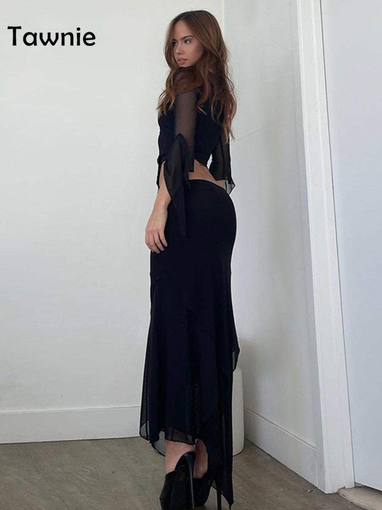 Tawnie Y2K Mesh Skirt 2 Pieces Sets Women 2024 Summer Casual V Neck Long Sleeve Crop Top Bodycon Maxi Skirt Matching Sets Outfit