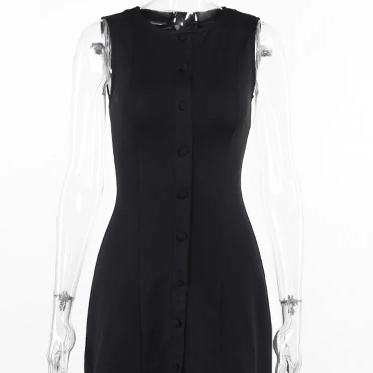 Fashion Sleeveless Sexy Mini Dress For Women New O Neck Single-btrasted Bodycon Club Party Tank Dress Femme Clothes Black
