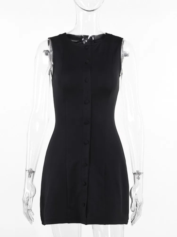 Fashion Sleeveless Sexy Mini Dress For Women New O Neck Single-btrasted Bodycon Club Party Tank Dress Femme Clothes Black