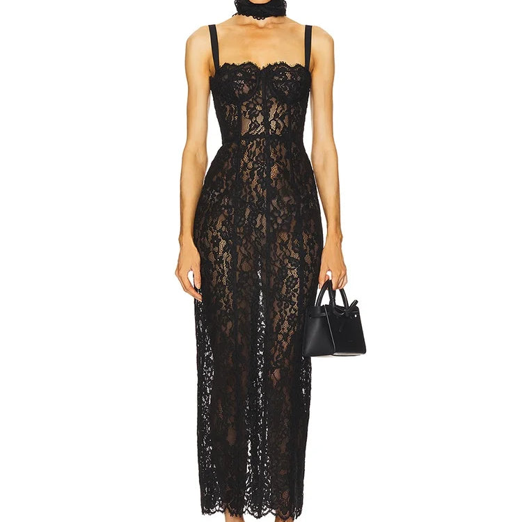 VC Elegant Black Lace Spaghetti-Strap Maxi Dress for Sophisticated Occasions Party Evening Gown