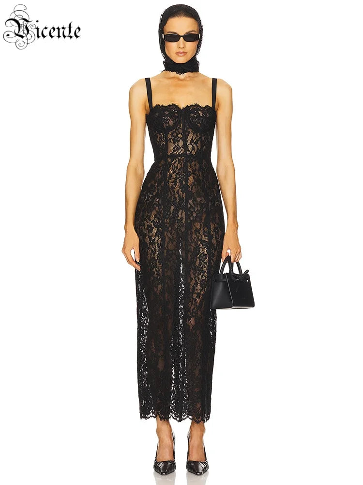 Elegant Black Lace Spaghetti-Strap Maxi Dress for Sophisticated Occasions Party Evening Gown