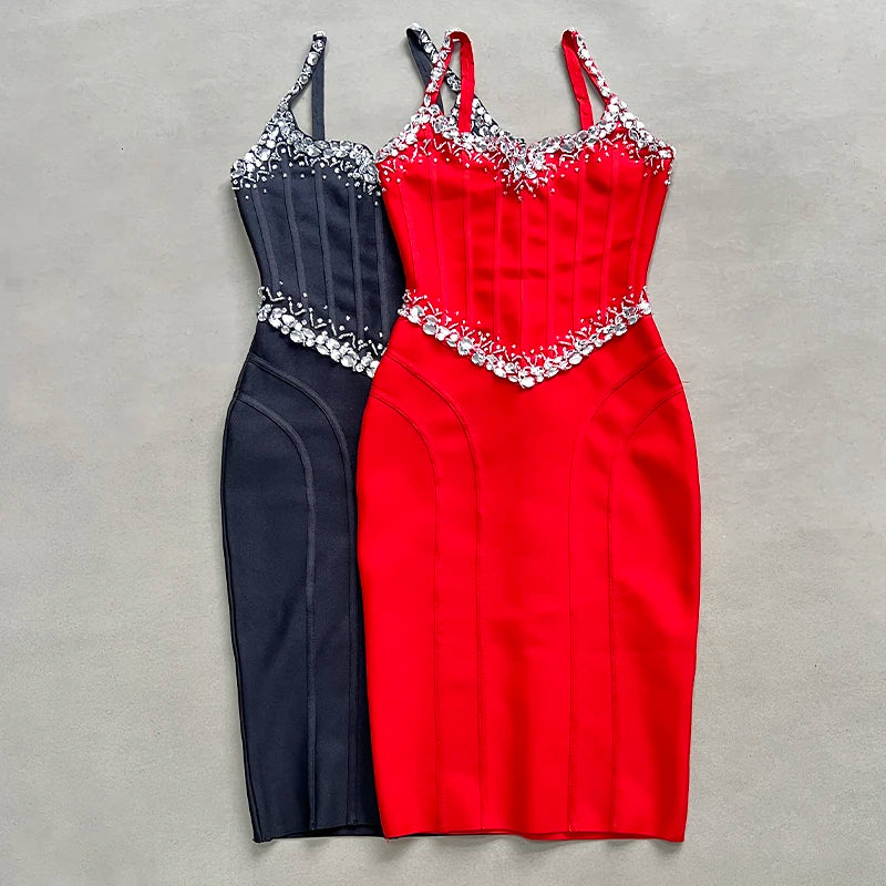 Black Red Color Women Sleeveless Sexy V-Neck Bodycon Mini Bandage Dress Crystal Celebrate Nightclub Party Birthday Dress