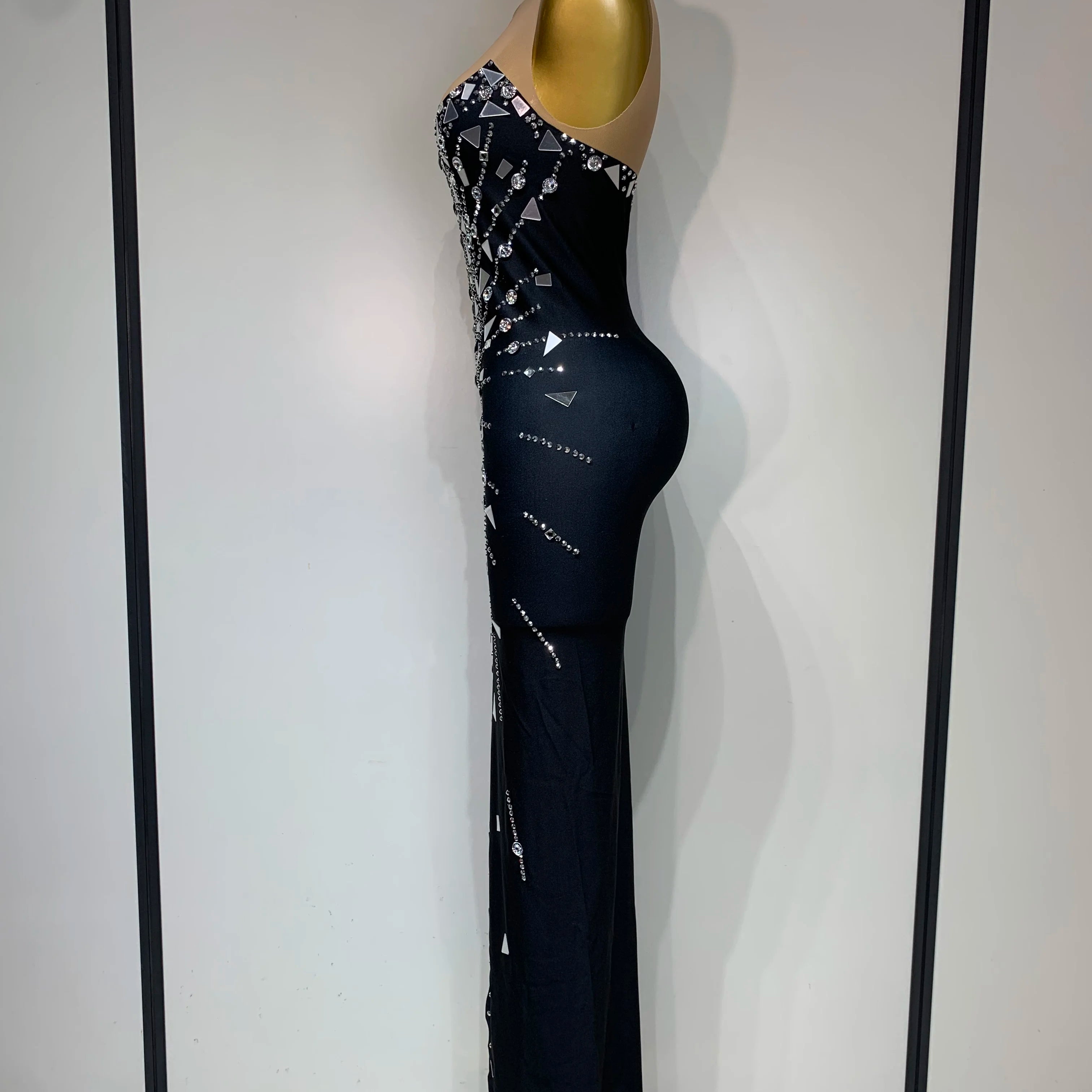 Black bowknot Lens Patchwork Dress Rhinestones Dress Women Party Long Dress Celebrate Evening Prom Dress Stage Festival Outfit