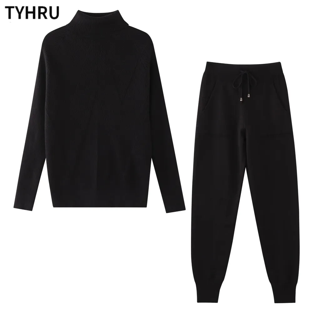TYHRU Autumn Winter Women's tracksuit Solid Color Striped Turtleneck Sweater and Elastic Trousers Suits Knitted Two Piece Set Black One Size
