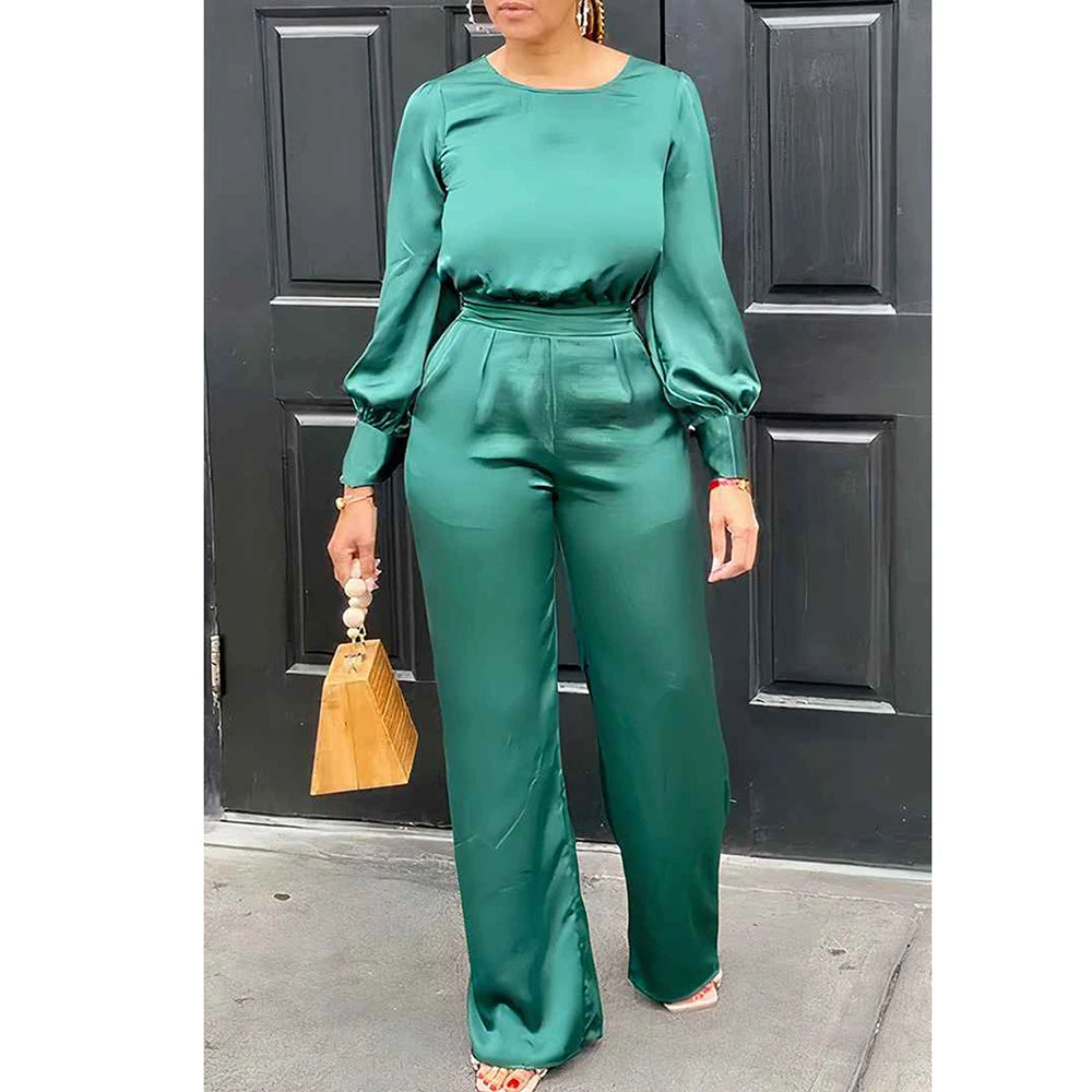 Plus Size Business Casual Green Satin Pants Set Round Neck Lantern Sleeve Wide Leg Two Pieces Pants Set green