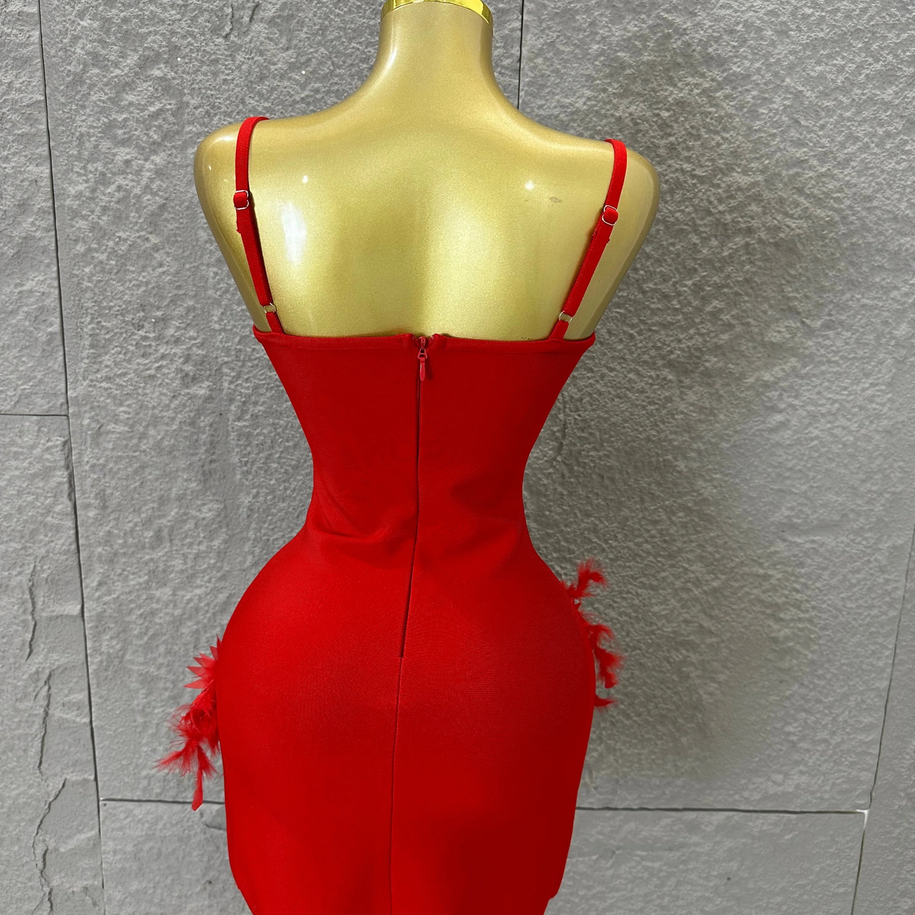 Elegant Red Spaghetti Strap Mini Dress Women Sexy Sweetheart Neck Crystal & Feather Form-Fitting Outfit Formal Event Costume