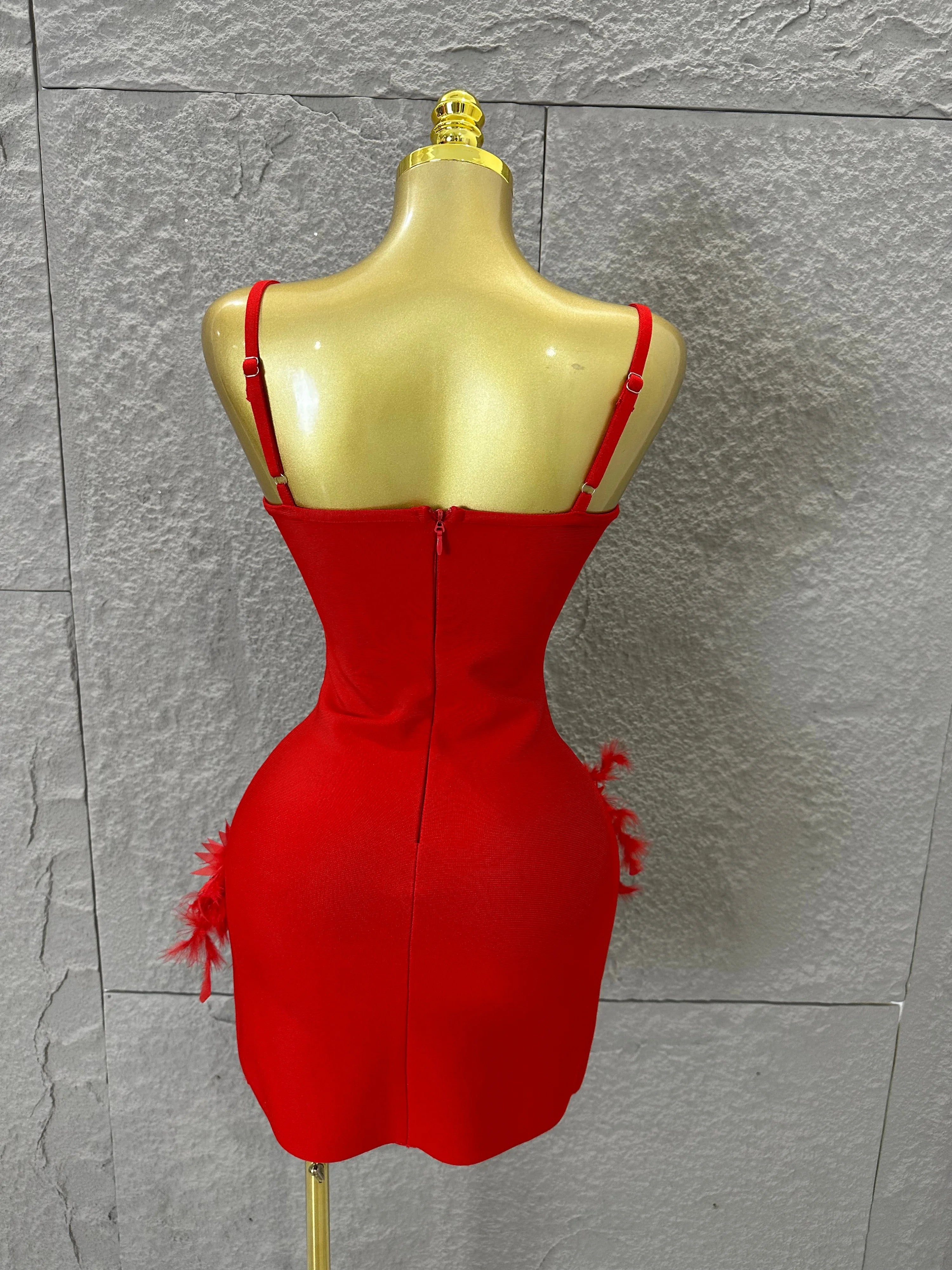 Elegant Red Spaghetti Strap Mini Dress Women Sexy Sweetheart Neck Crystal & Feather Form-Fitting Outfit Formal Event Costume