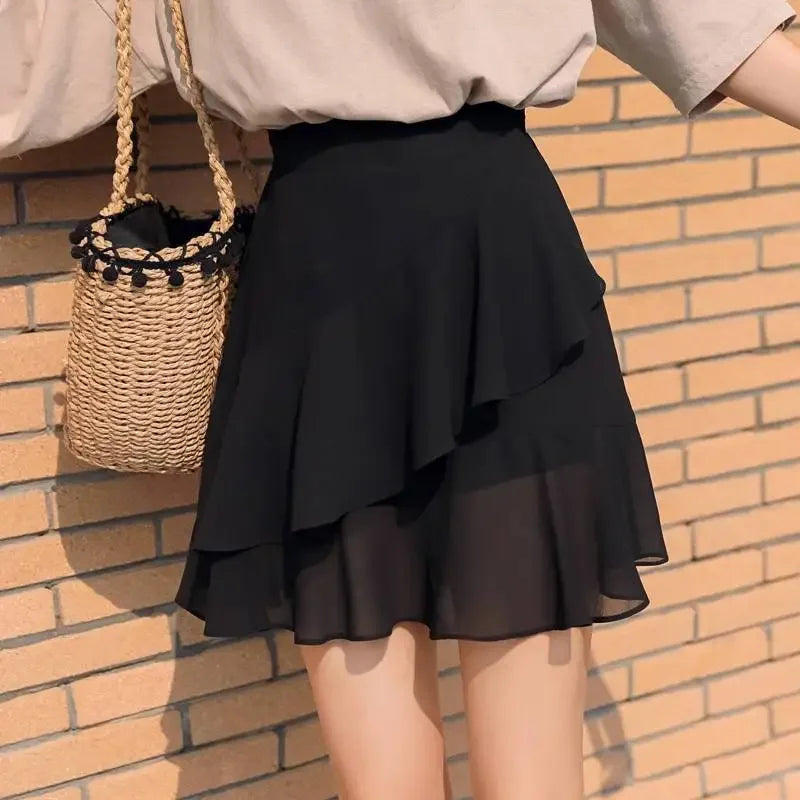 Womens Skirt Ruffle Skirts for Women Black Beach Clothing Chiffon Fashion Premium Luxury A Line Summer New in Korean Style Black