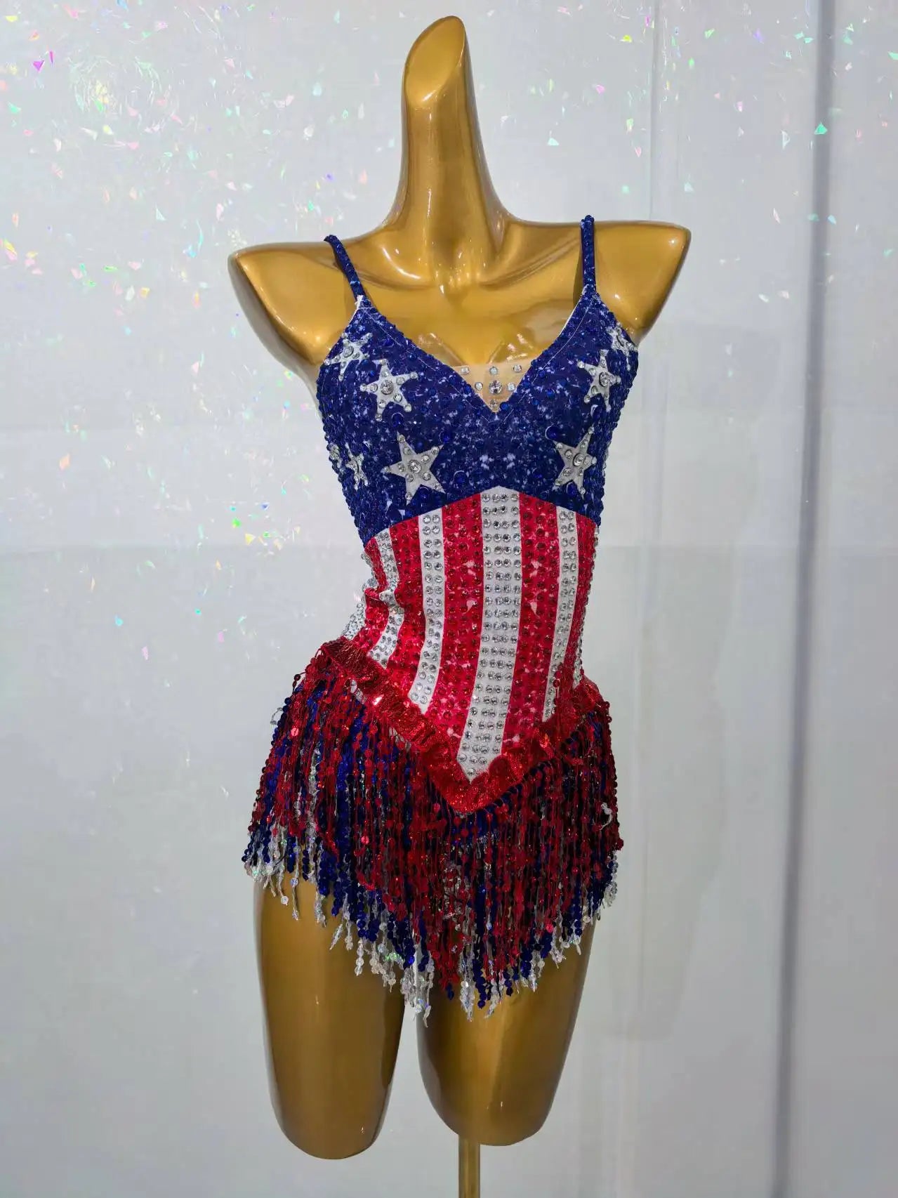 Maxituan Five Pointed Star Sparkly Rhinestone Tassel Bodysuit Sexy Women gig Performance Outfit Ladies Latino Dance Team Leotard