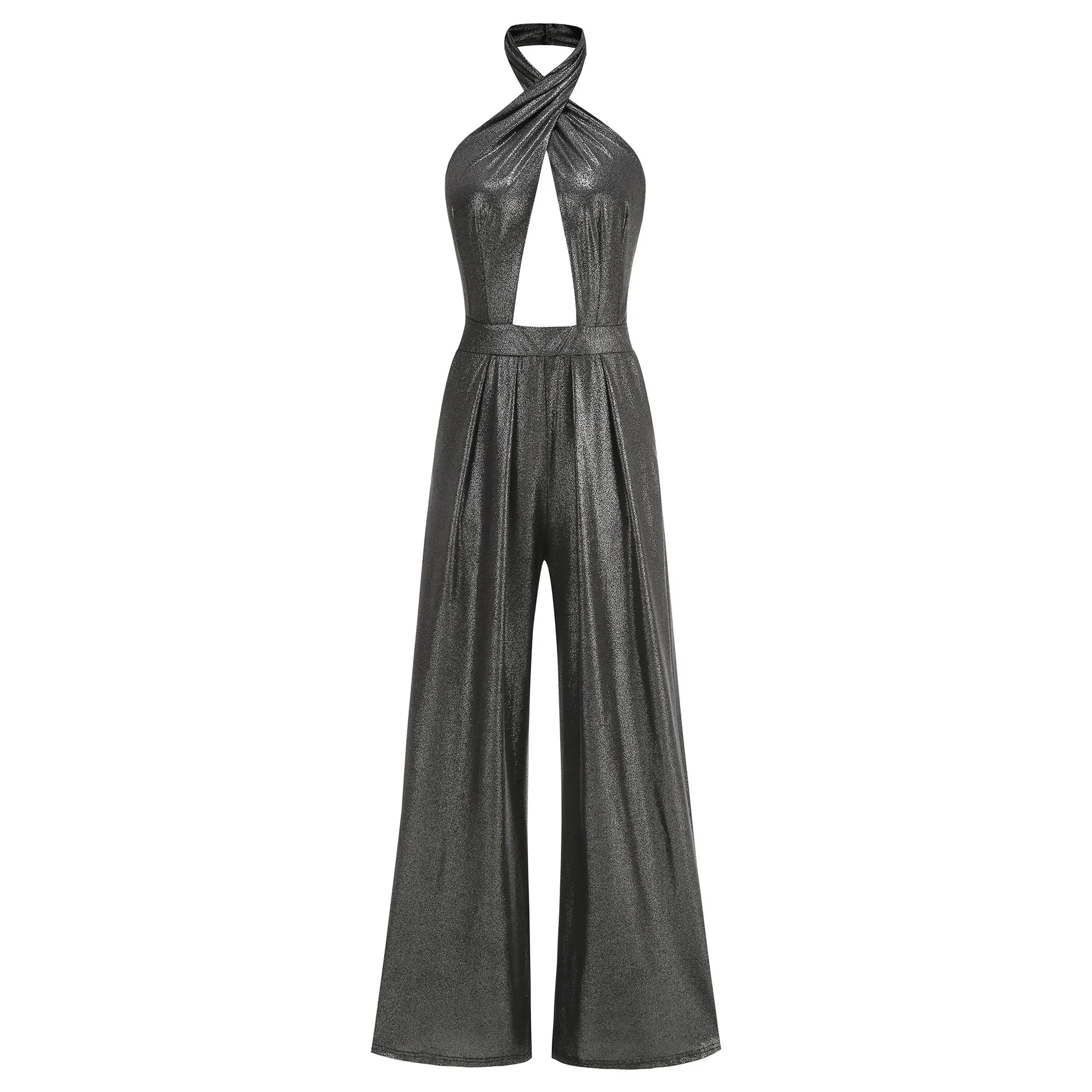 Silver Color Women Sexy Halter Backless Keyholes Slim Jumpsuit Celebrate Nightclub Party Birthday Vacation Fashion Wear