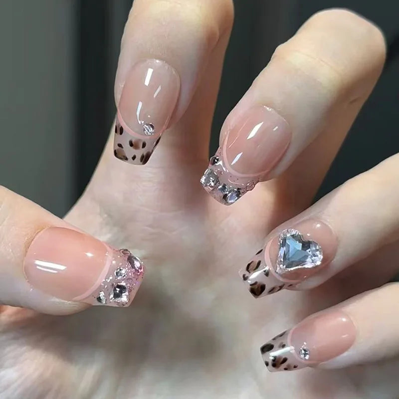 24Pcs Nude Pink French Fake Nail Ballet Full Cover Nail Tips with Rhinestone Leopard Print Design Wearable Press on False Nails 983