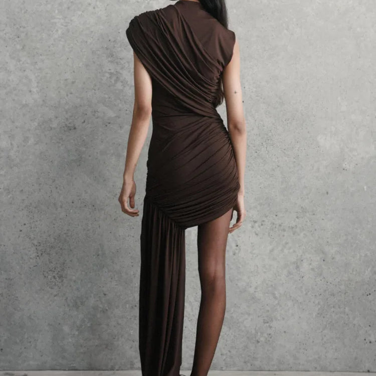 Mozision Irregular Draped Ruched Sexy Mini Dress For Women Elegant Turtleneck Sleeveless High Waist Pleated Club Party Dress