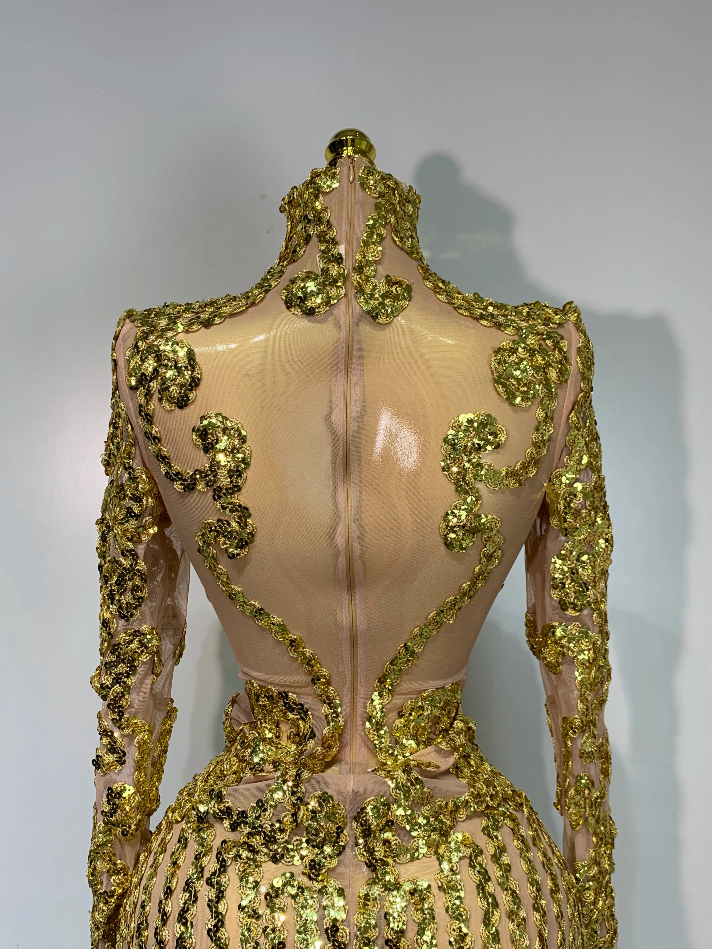 Women Long Sleeve Sexy Shinning Sequins Bodycon Mini Dress Mesh See Through Celebrate Birthday Evening Party Club Stage Outfit