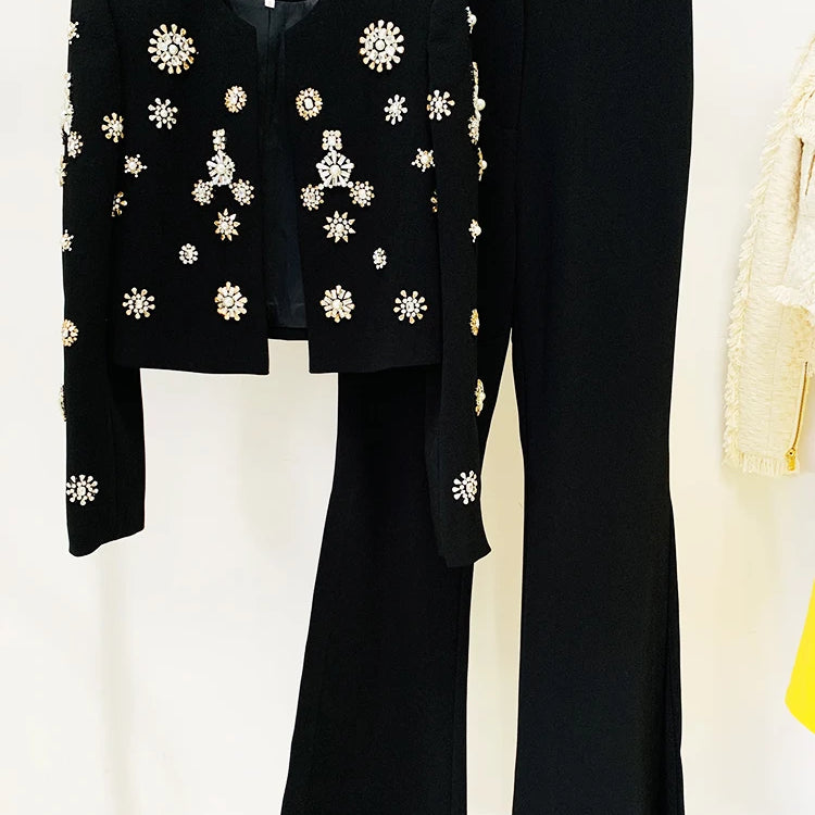 HIGH STREET Newest Fashion 2024 Designer Suit Set Women's Pearls Diamonds Rhinestone Beaded Trimed Jacket Flare Slit Pants Suit black