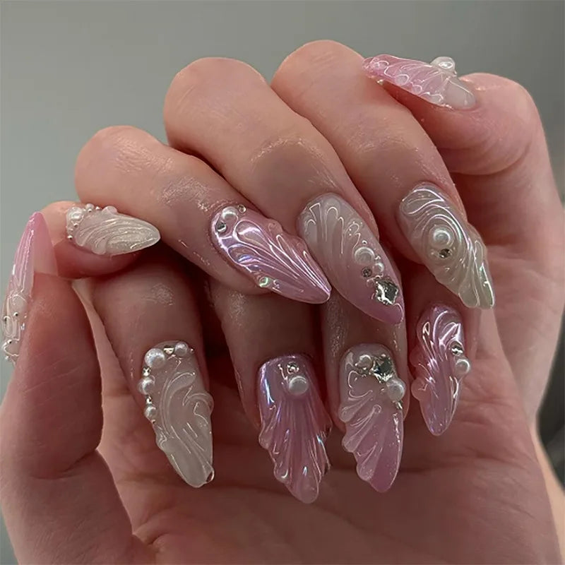 10Pcs White French Fake Nail with Glue Almond Press on False Naills Pink 3D Bow Camellia Design Nails Art Wearable Manicure Tips 3680