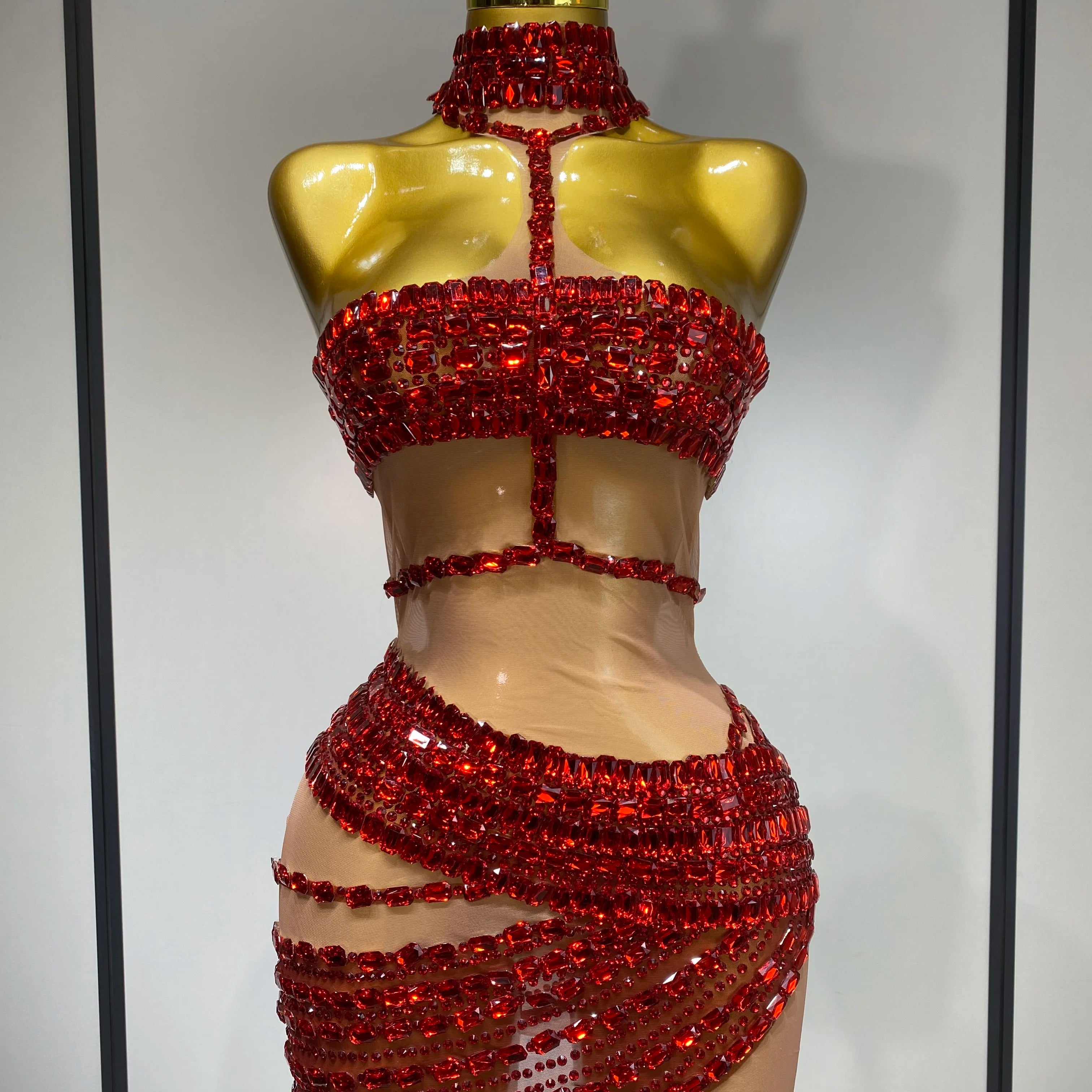 Sparkly Red Rhinestone Mini Dress Womer Sexy Mesh Birthday Wedding Party Prom Gowns Drag Queen Costume Singer Stage Outfit Red