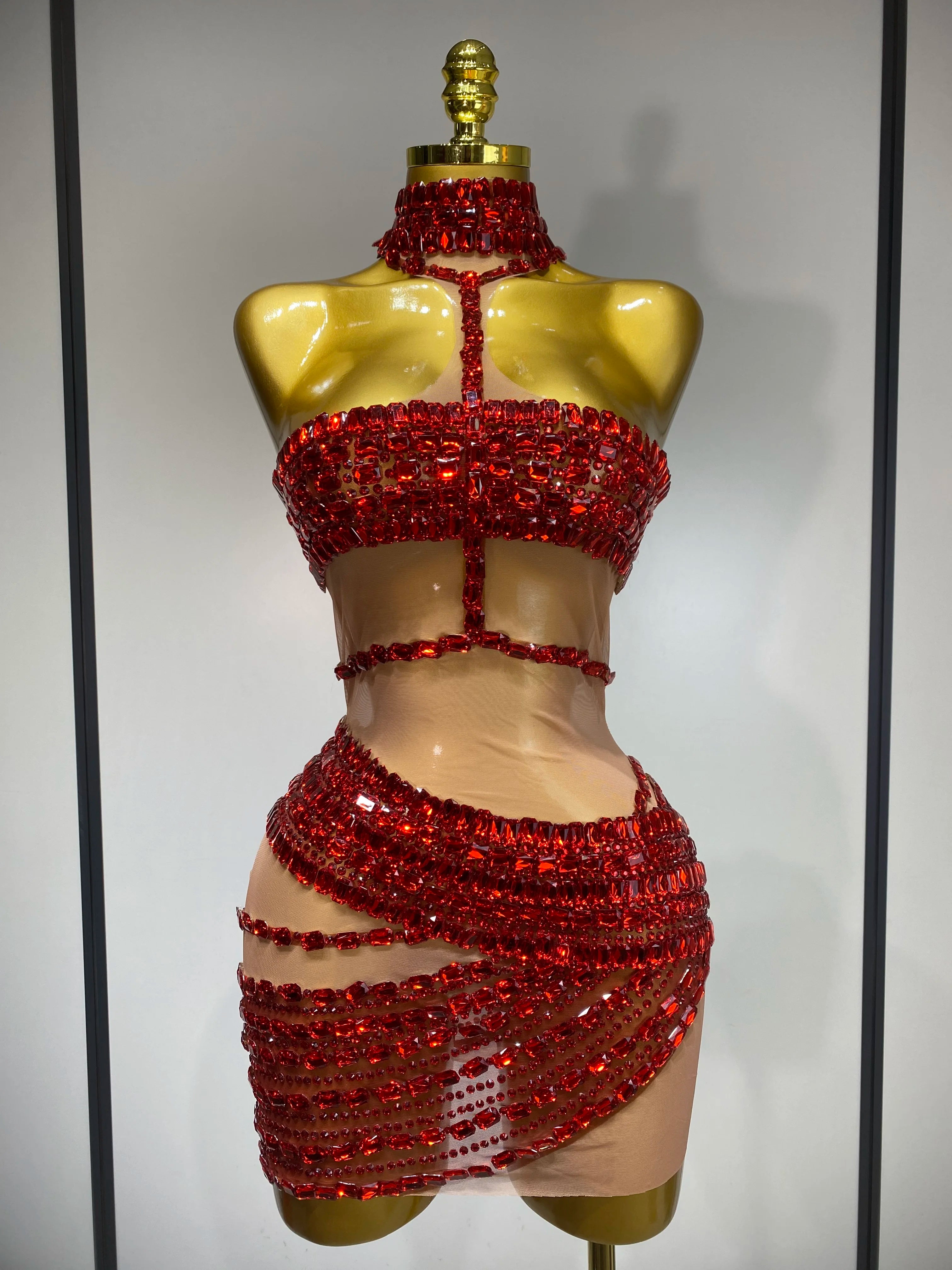 Sparkly Red Rhinestone Mini Dress Womer Sexy Mesh Birthday Wedding Party Prom Gowns Drag Queen Costume Singer Stage Outfit Red