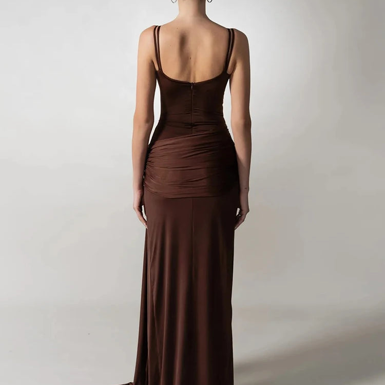 Chocolate Brown Strappy Sleeveless Draped Dress with High Slit & Cutout Detail for Formal Dinner Party Gown
