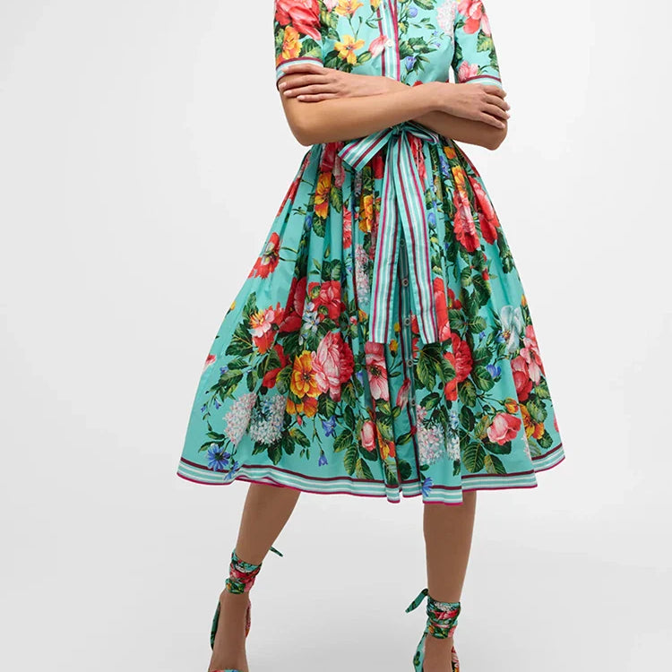 VGH Patchwork Lace Up Floral Printing Casual Dresses For Women Lape Short Sleeve High Waist Spliced Button Dress Female Fashion