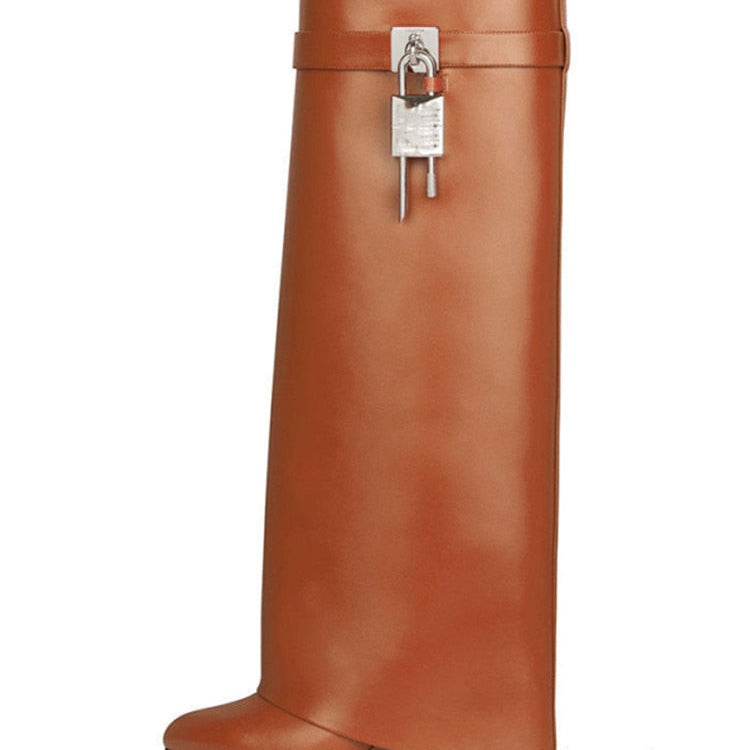 Women's Knee High Boots Shark Lock Long Thick Soled High-heeled Boots Designer Luxury Brand Women's Leather Boots Brown pu