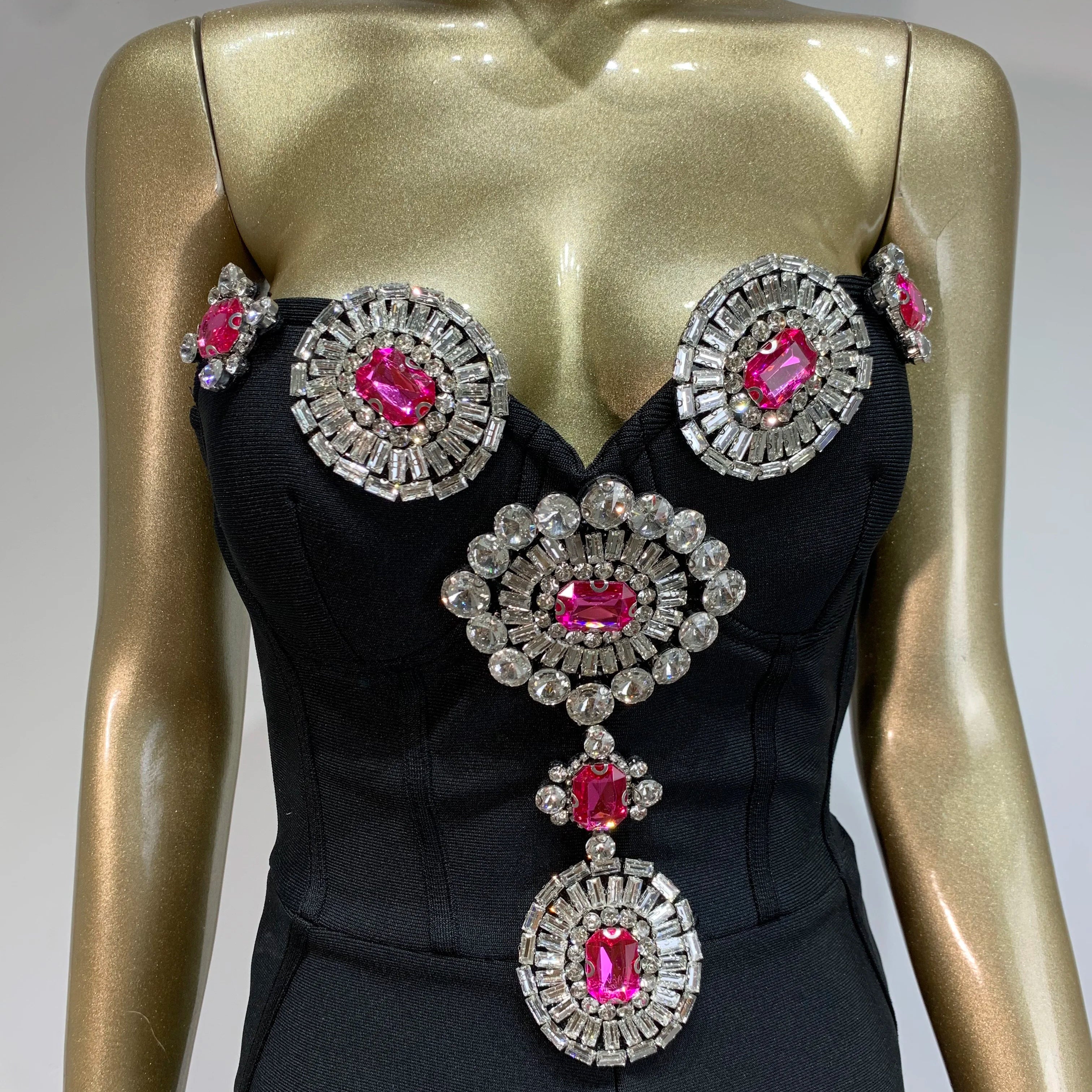 Women Luxury Sexy Strapless Backless Crystal Diamonds Black Bodycon Bandage Jumpsuit Celebrity Designer High Street Rompers