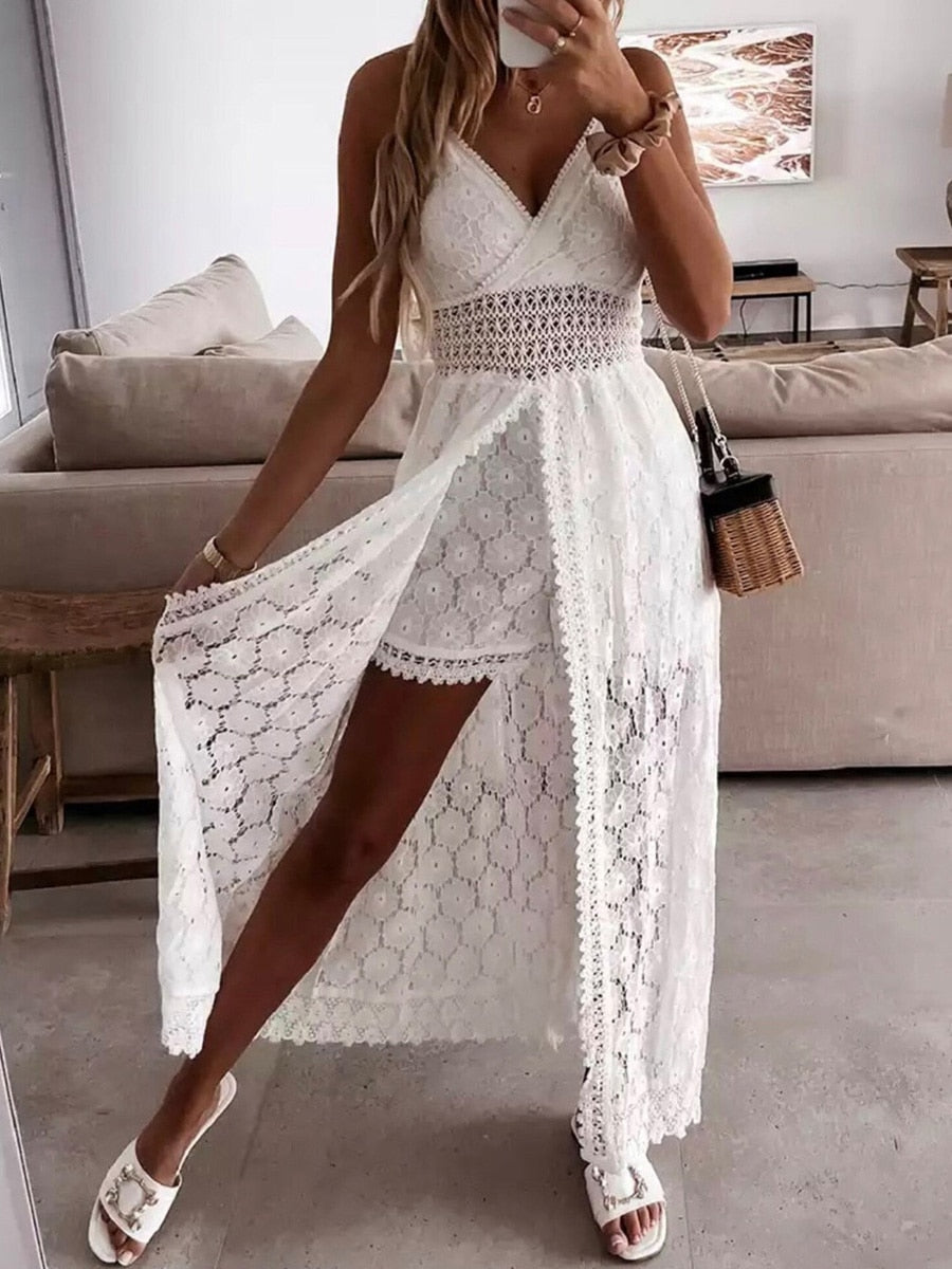 Summer V Neck Solid Color Lace Hollow-Out Sleeveless Sling Party Wear High Waist Rompers Holiday Casual White Women&#39;s Jumpsuit