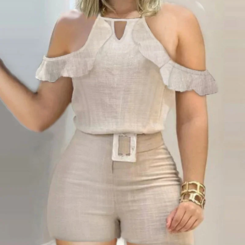 Women Fashion Sleeveless Plain Crop Top Sexy High Waist Skinny Bodycon Long Trousers Two Pieces Suit Flare Pants Set With Belt