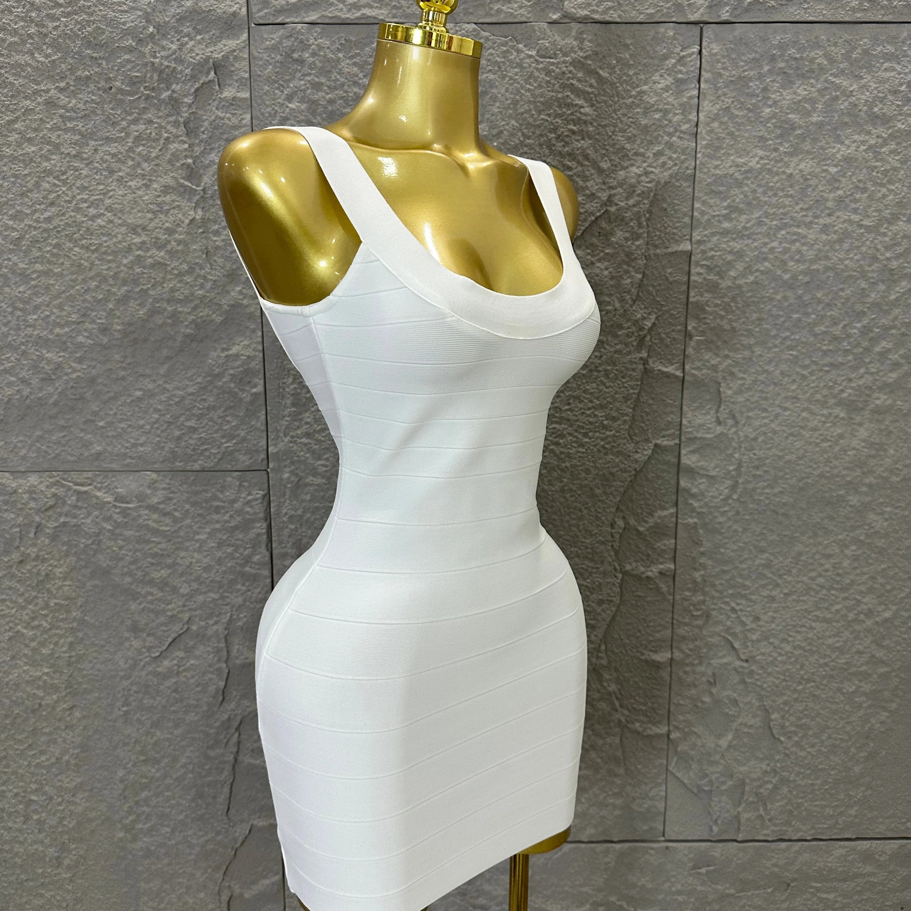 Elegant White Bandage Mini Dress Women Sexy Scoop Neck Sleeveless Bodycon Evening Party Cocktail Party Costume