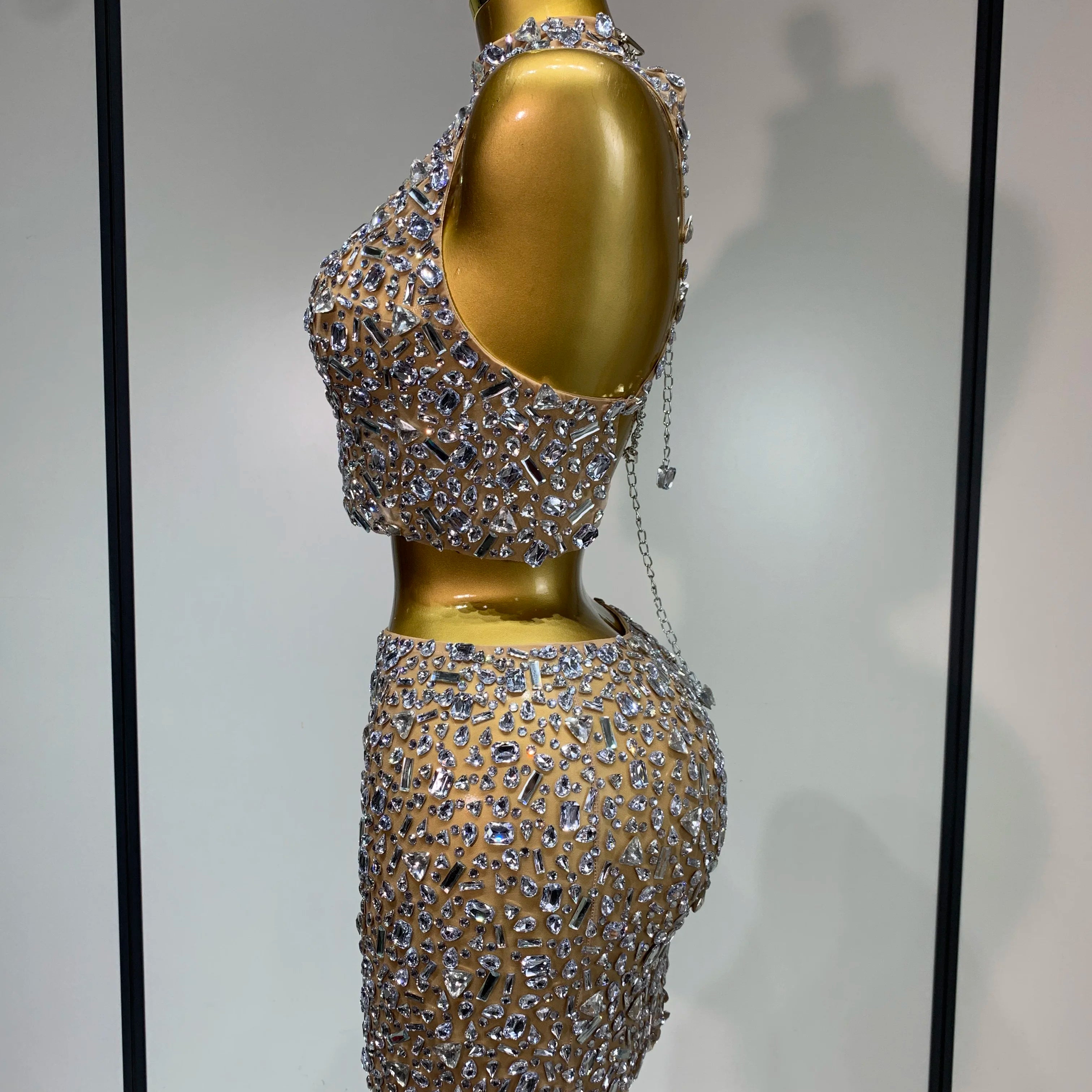 Sparkling Rhinestone Sexy See Through Blackless Top Skirt Two Pieces Set Woman Luxury Birthday Evening Party Gowns