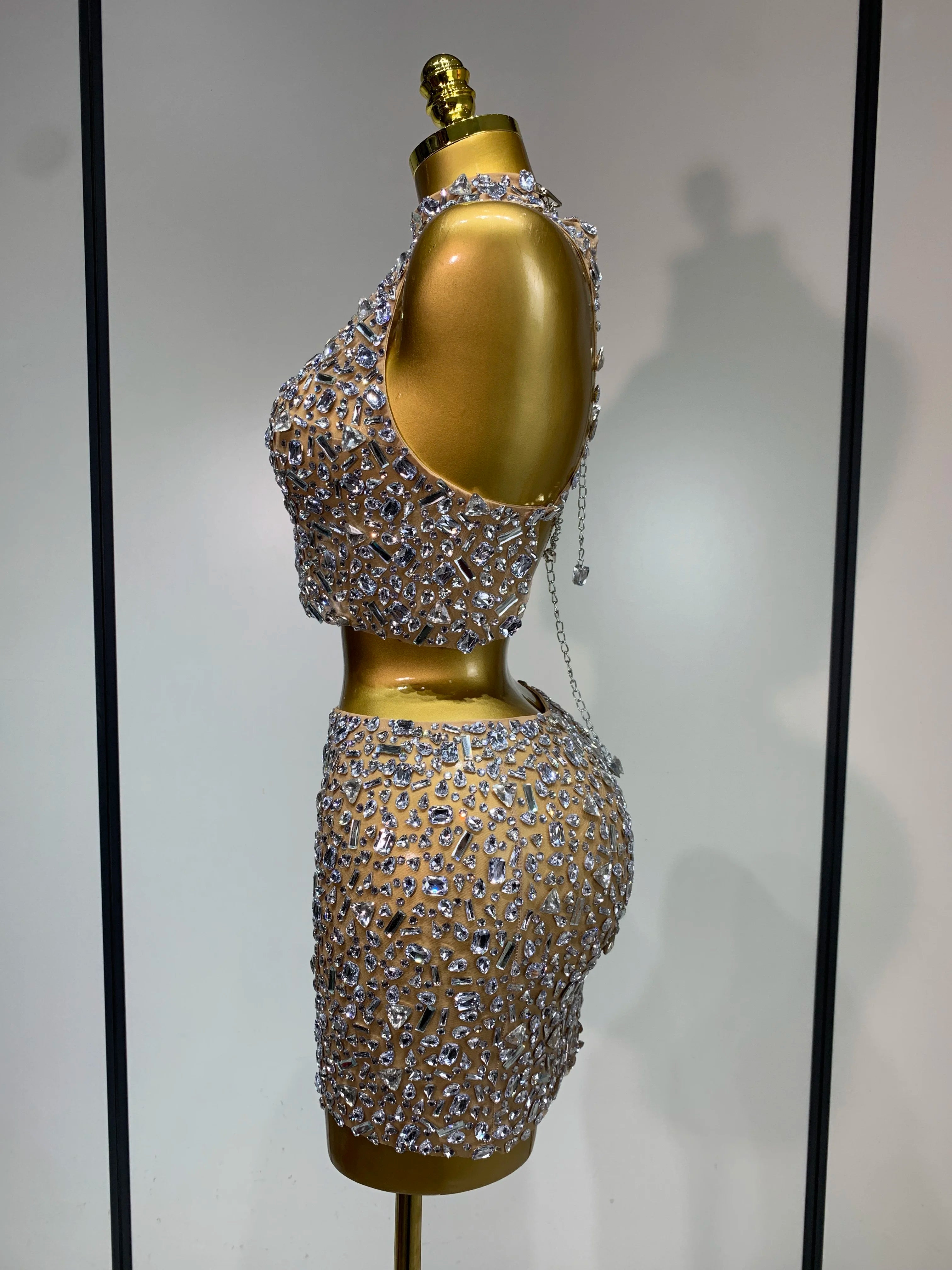 Sparkling Rhinestone Sexy See Through Blackless Top Skirt Two Pieces Set Woman Luxury Birthday Evening Party Gowns