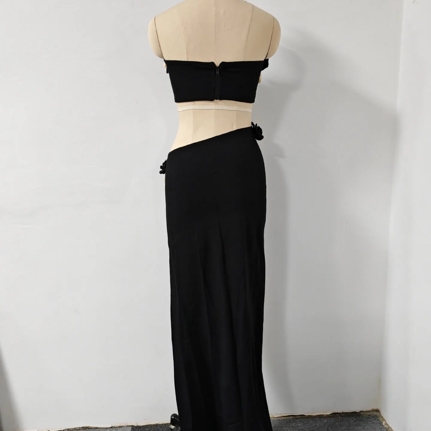 Black Color Women Sexy Strapless Florals 2 Pieces Bodycon Long Dress Girls' Vacation Birthday Party Nightclub Outfit