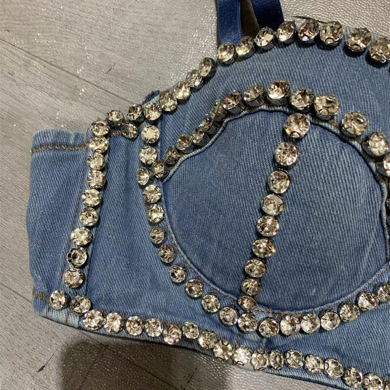 Streetwear Diamonds Denim Vest Female Bra Sleeveless Backless Sexy Summer Tank Tops For Women Camisole Y3851