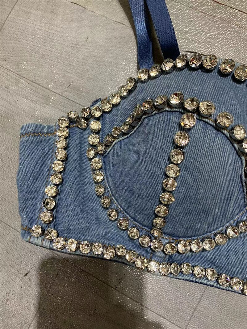 Streetwear Diamonds Denim Vest Female Bra Sleeveless Backless Sexy Summer Tank Tops For Women Camisole Y3851