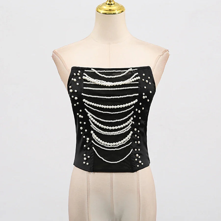 Solid Slimming Spliced Chain Tanks for Women Strapless Sleeveless Patchwork Bead Tank Female Fashion Clothing New BLACK