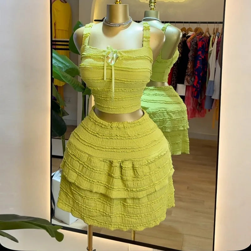 Beach Boho Women's Set Strap Sleeveless Tank Top and Ruched Mini A-line Skirts Two 2 Piece Sets 2025 Summer Outfits green One Size