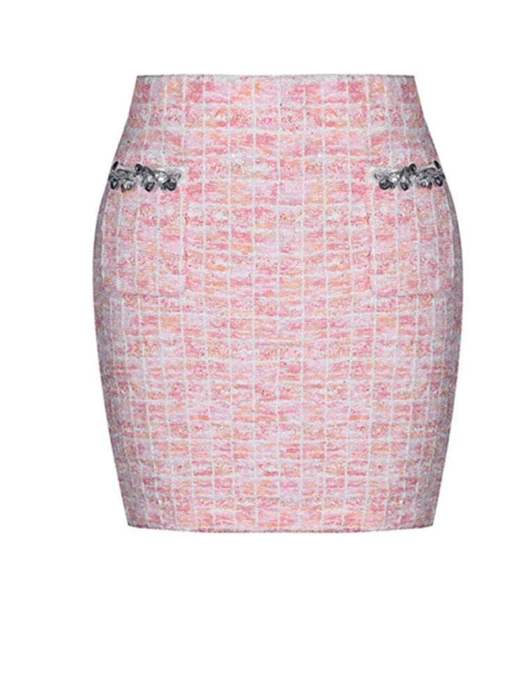 Two Piece Sets for Women Round Neck Long Sleeves Spliced Diamonds Top High Waist Patchwork Pockets Skirt Female New PINKSKIRT