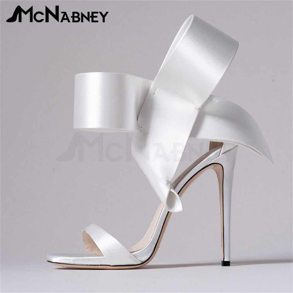 Satin Butterfly Knot High Heels Stiletto Pointed Toe Sandals Luxury Style Shoes Fashion High Heels Shiny Rhinestone Sandals Satin-White