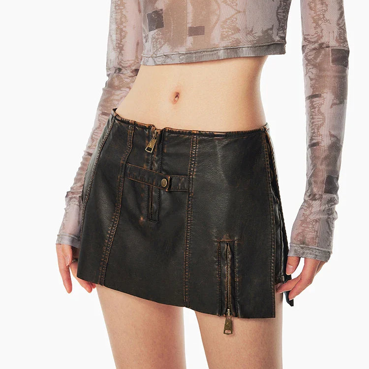 Spring Summer Cool Distressed Brown Pu Leather Mini Skirt Women with Shorts Low Waist Short Luxury Designer Clothes Brown