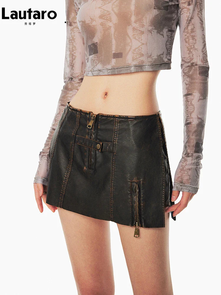 Spring Summer Cool Distressed Brown Pu Leather Mini Skirt Women with Shorts Low Waist Short Luxury Designer Clothes Brown