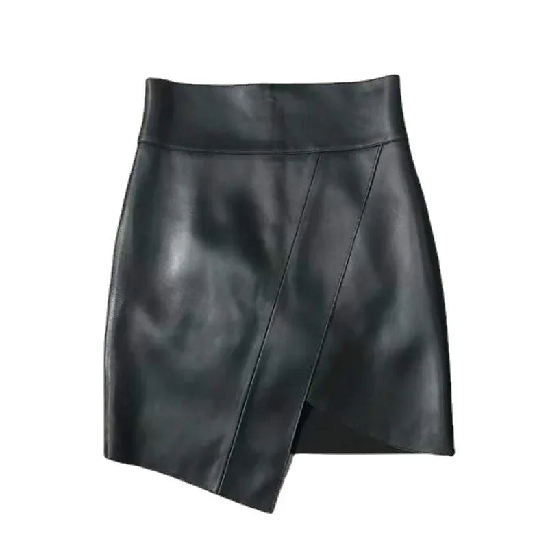 Tcyeek Real Leather Sheepskin Black Skirt Women Elegant New Leather Skirt Women's High Waist Mini Skirt Women Falda Sexy Mujer black
