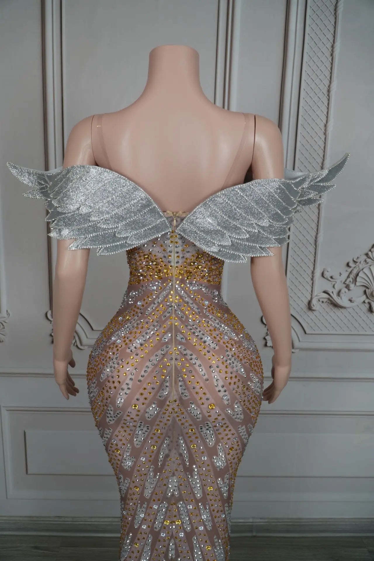 Luxury Sparkly Crystals Angel Gown Sexy Women Celebrate Party Dress High-end Wings Strapless Evening Dress Photo Shoot Wear Yuyi