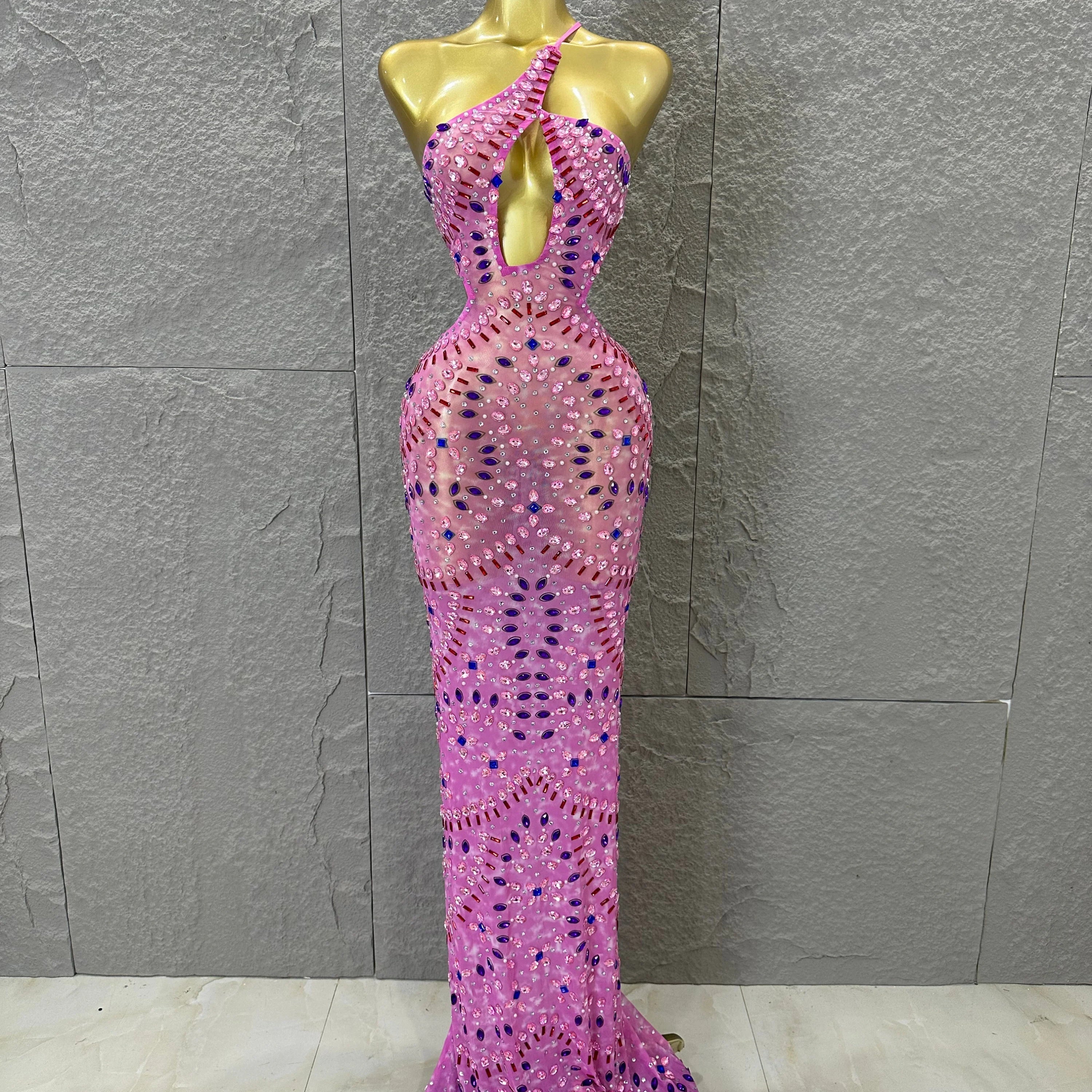 Women Sexy Cutout Full Crystal Embellished Bodycon Mermaid Outfit Sheer Mesh Maxi Dress Stage Performance Evening Party Costume