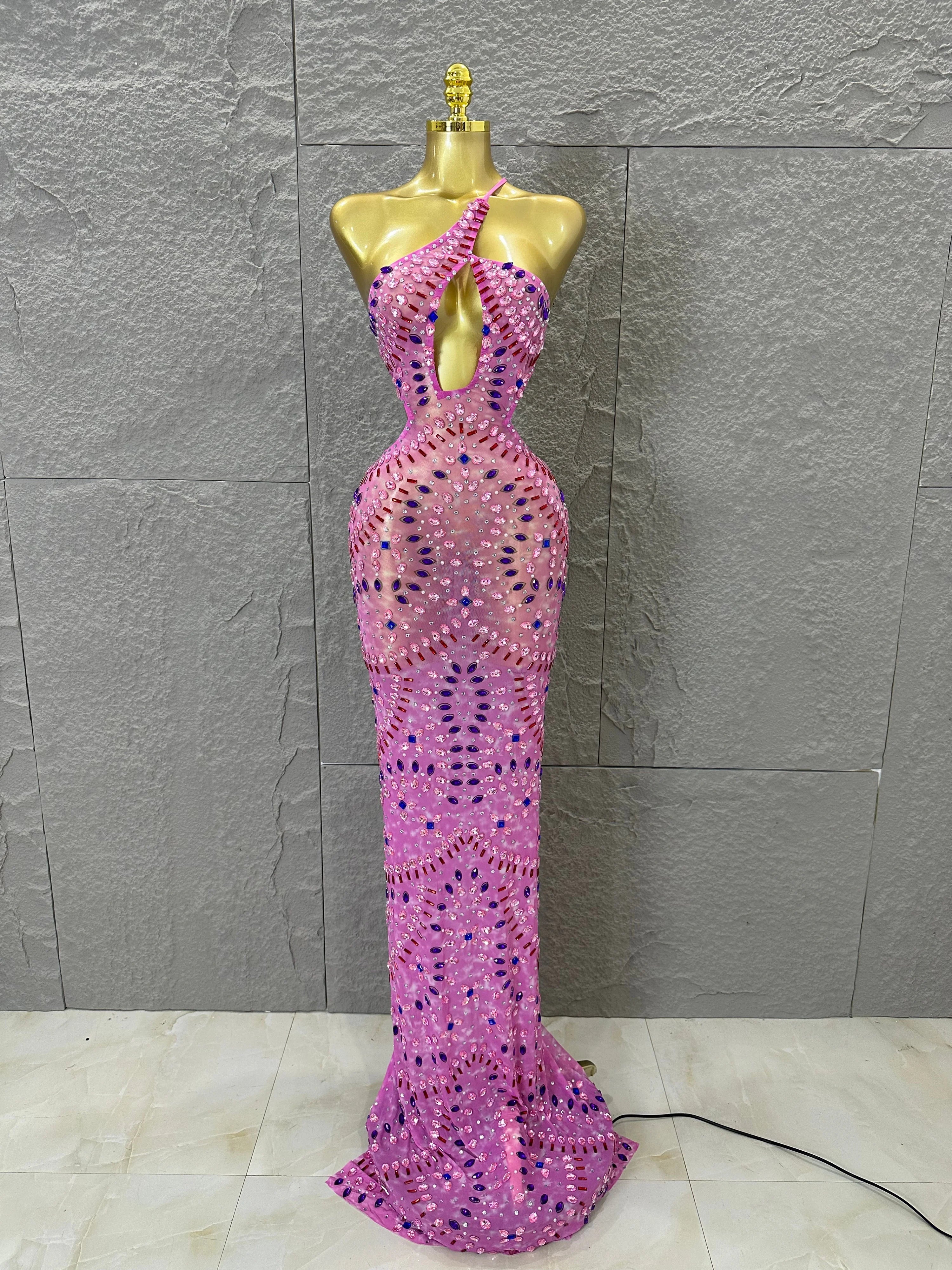 Women Sexy Cutout Full Crystal Embellished Bodycon Mermaid Outfit Sheer Mesh Maxi Dress Stage Performance Evening Party Costume