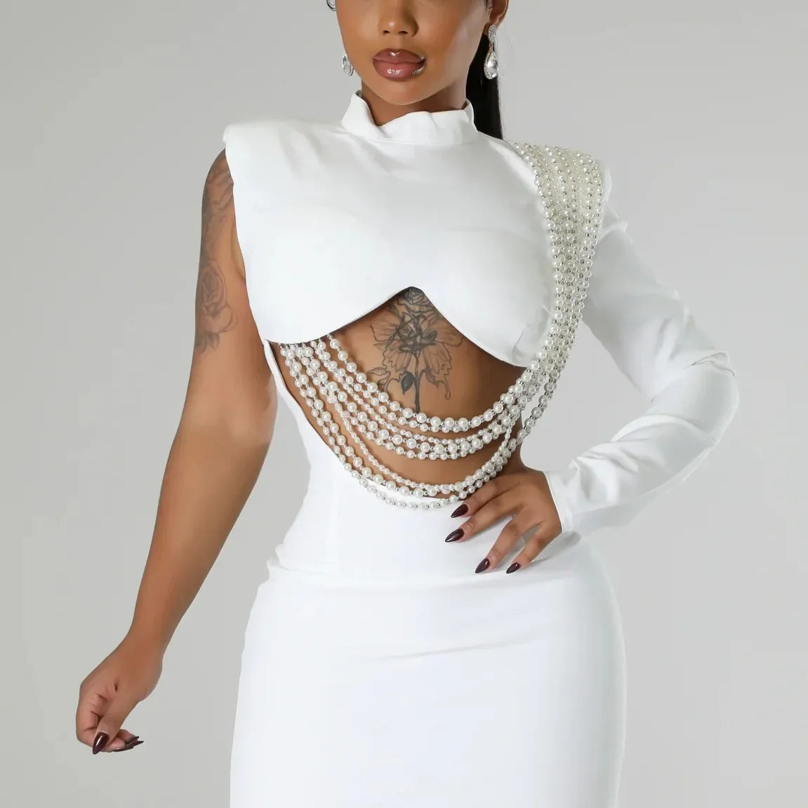 Women Full Sleeve Elegant O-neck Mini Dress 2024 Summer Pearl String Sexy Street Night Club Party Vestidos Dresses White